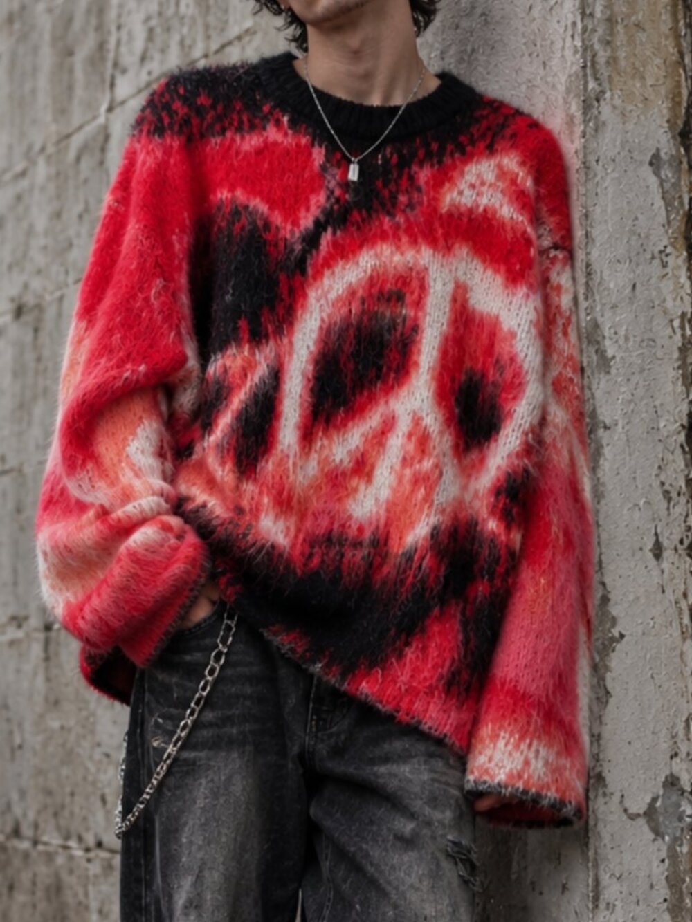MIND AT WAR Fuzzy Oversized Thick Knit Sweater Streetwear Y2K Grunge Red Black L
